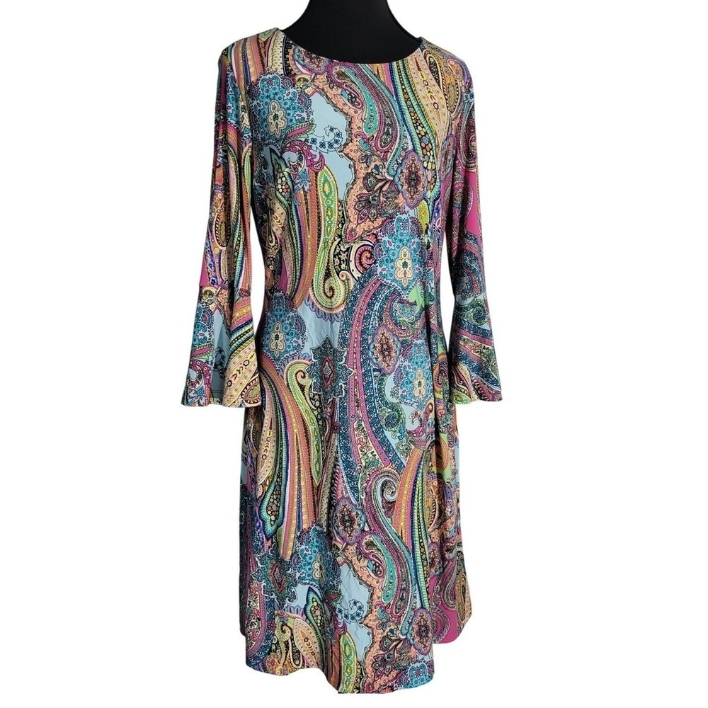 Tommy Hilfiger Womens Paisley Bell Sleeve Shift Dress Multi Color Size 8 Retro - Picture 4 of 9